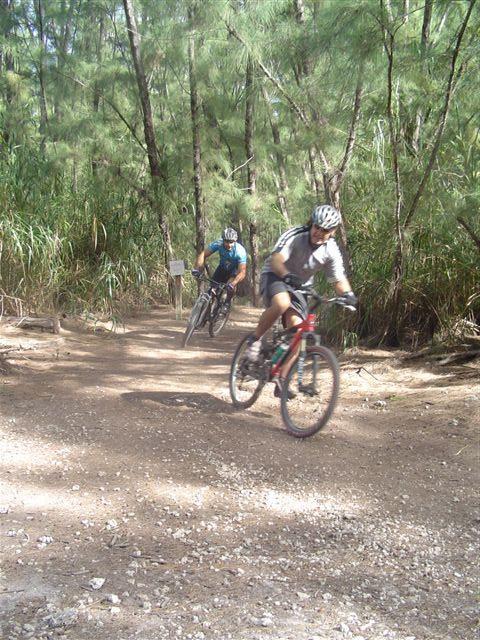 Two mountain bikers navigating a dirt trail surrounded by dense greenery. One rider is in the foreground, gaining speed on a red bike, while the second cyclist, dressed in blue, follows closely behind. Sunlight filters through the trees, creating a lively outdoor atmosphere. Oleta River State Park mountain bike trail.