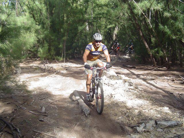 A mountain biker navigating a rocky trail through a lush, green forest. The cyclist, wearing a helmet and a multi-colored jersey, focuses on the path ahead. In the background, other riders are visible, enhancing the outdoor biking atmosphere. Oleta River State Park mountain bike trail.