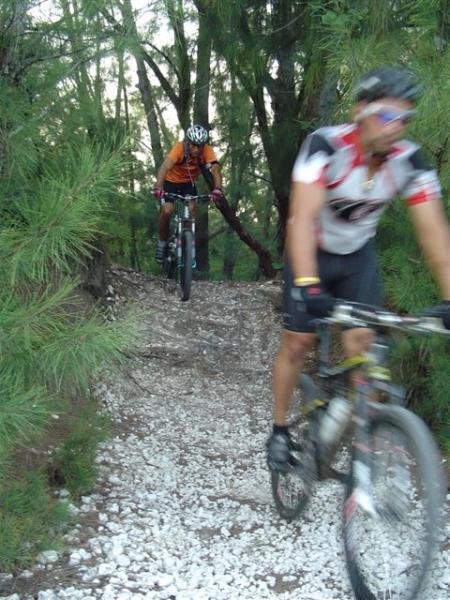 Two mountain bikers navigate a narrow trail surrounded by tall trees. One rider, wearing an orange shirt, is jumping over an obstacle, while the other, dressed in a white and black jersey, is riding past in the foreground. The path is lined with gravel and foliage, indicating a lush outdoor setting. Oleta River State Park mountain bike trail.
