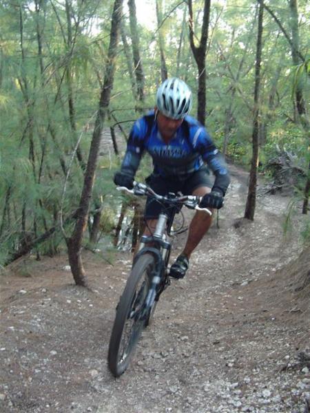A mountain biker navigating a narrow trail surrounded by trees, wearing a blue and black cycling jersey and helmet, focused on the climb. The background features a lush, green forest. Oleta River State Park mountain bike trail.