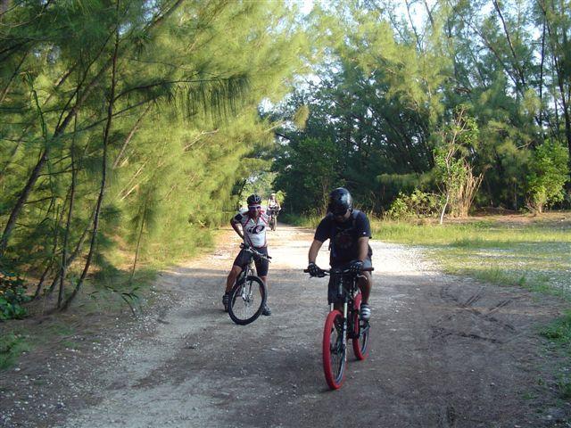 Two mountain bikers riding along a gravel path surrounded by tall trees and greenery. The first biker is in motion, while the second is slightly behind, adjusting their position. The setting appears sunny and serene, ideal for outdoor biking activities. Oleta River State Park mountain bike trail.