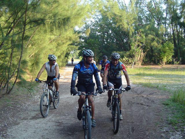 A group of four cyclists riding mountain bikes along a dirt path surrounded by tall green trees. They are wearing helmets and athletic clothing, enjoying a sunny day outdoors. Oleta River State Park mountain bike trail.