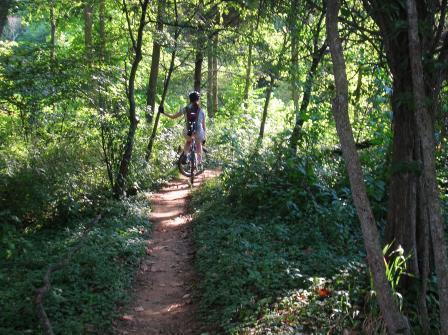 A cyclist standing beside a bike on a narrow, winding dirt path surrounded by lush greenery and trees in a sunny forest. Schaeffer Farms mountain bike trail.