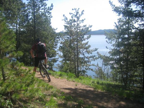 A mountain biker walking their bike along a narrow trail surrounded by pine trees, with a serene lake in the background under a clear blue sky. Rampart Reservoir mountain bike trail.