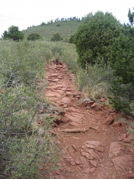 A rocky hiking trail winding through green shrubbery, with a hillside rising in the background under overcast skies. Waldo Canyon mountain bike trail.