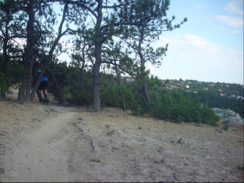 A mountain biker navigating a dirt trail surrounded by trees, with a scenic view of distant hills and a blue sky in the background. Ute Valley Park mountain bike trail.