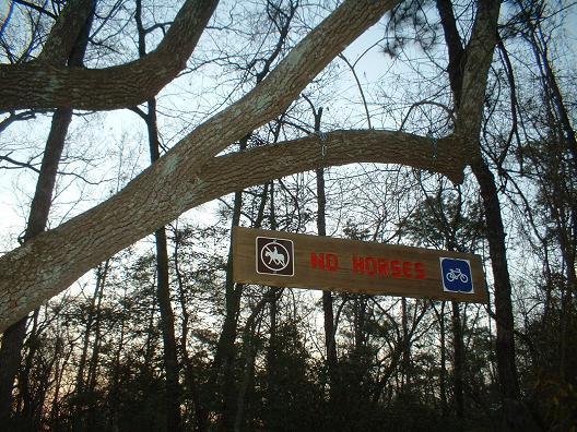 A wooden sign hanging from a tree branch in a wooded area, displaying the text "NO HORSES" in bold letters. The sign includes symbols indicating prohibited horse access and allowed bicycle access. The background features trees with a fading light. Killer Three Loop mountain bike trail.