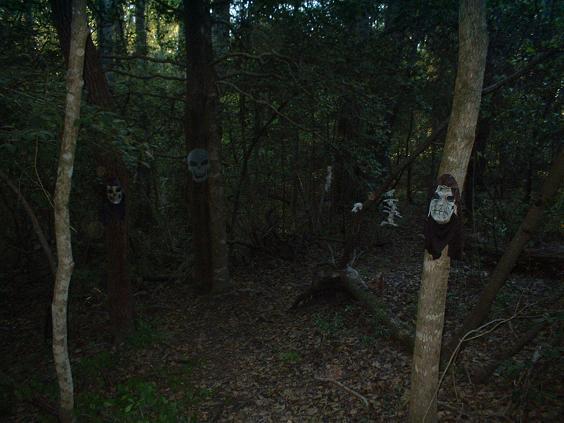 A dark forest scene featuring several trees adorned with masks resembling skulls and a monkey face, surrounded by dense foliage and a path leading deeper into the woods. Killer Three Loop mountain bike trail.