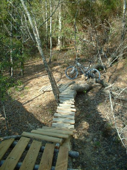 A narrow wooden bridge made of planks stretches across a wooded area, leading from a dirt path to a small embankment. A mountain bike leans against a tree nearby, surrounded by sparse underbrush and tall trees in the background. The scene captures a peaceful outdoor setting ideal for biking or hiking. Killer Three Loop mountain bike trail.