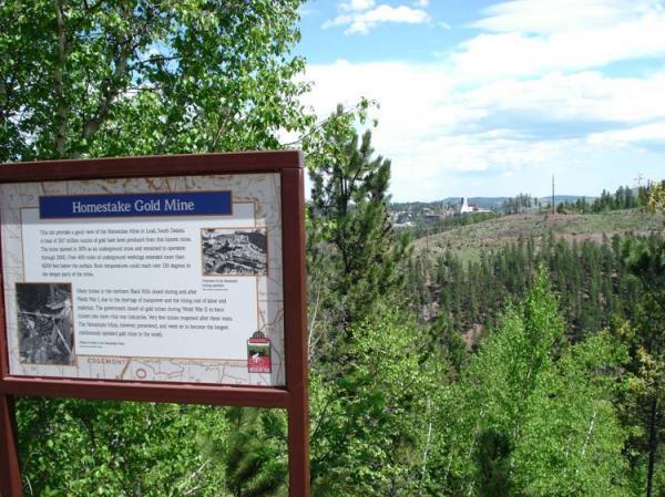 A wooden sign titled "Homestake Gold Mine" stands in a lush, green forested area. The sign features text explaining the history of the mine, accompanied by two images. In the background, hills and trees stretch out under a blue sky with scattered clouds, with a glimpse of mining structures visible in the distance. The George S. Mickelson Trail mountain bike trail.