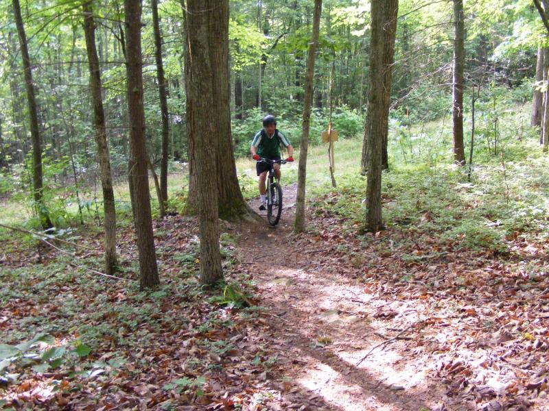 A young person riding a mountain bike on a dirt trail through a forest. The trail is surrounded by trees and autumn leaves scattered on the ground, with some greenery visible. The rider is wearing a helmet and is navigating a curve in the path. Chilhowee trail system mountain bike trail.