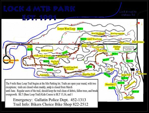 Map of Lock 4 MTB Park, established in 1991. The map includes details of various mountain bike trails, including the Base Loop Trail, Lower West Loop, and more. Notations indicate trail conditions, closures, and emergency contact information for Gallatin Police. Lock 4 mountain bike trail.