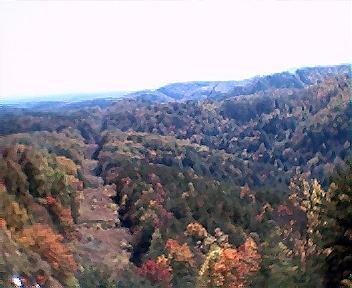 A scenic view of a valley surrounded by rolling hills, showcasing a vibrant mix of autumn colors in the trees, with a light overcast sky in the background. Tanasi Trail System mountain bike trail.