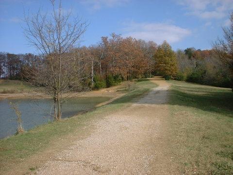 A scenic pathway lined with trees, leading alongside a calm body of water under a partly cloudy sky. The path is gravel with grass on either side, and the trees display autumn colors. Tour de Wolf mountain bike trail.