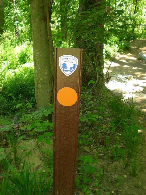 Wooden trail marker in a wooded area, featuring a blue and white shield logo for a county authority at the top and a bright orange circular marking in the center. Surrounding vegetation includes green leaves and grass. Wakefield mountain bike trail.