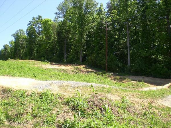 A sunny landscape featuring a clear dirt path winding through a newly cleared area with small green plants. Dense trees border the scene on the left side, while utility poles are visible in the background against a blue sky. The terrain is slightly uneven, suggesting it may be used for outdoor activities. Wakefield mountain bike trail.