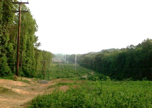A rural landscape featuring a dirt path flanked by lush greenery on both sides. Utility poles line the path, leading towards a clearing in the distance where power lines stretch across the horizon. The scene conveys a serene, natural environment with dense trees and an open area that suggests a transition from forest to a more developed area. Wakefield mountain bike trail.