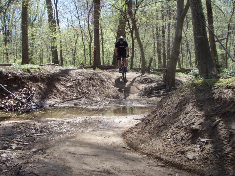 A mountain biker navigating a dirt trail with a small stream running through it, surrounded by trees in a sunlit forest. Wakefield mountain bike trail.