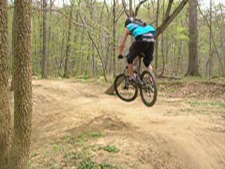 A mountain biker in a blue shirt and black shorts is performing a jump on a dirt trail in a forested area, surrounded by trees and greenery. Wakefield mountain bike trail.