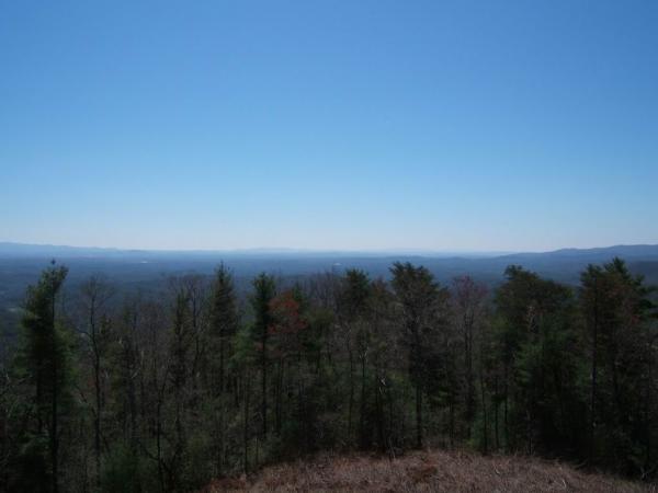 A scenic view of rolling hills and forests under a clear blue sky, showcasing a vast landscape stretching into the distance. Green trees dominate the foreground, while the horizon features layered mountains and valleys. Bear Creek mountain bike trail.