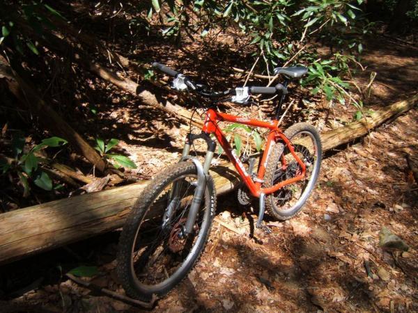 A bright orange mountain bike is resting on a fallen log in a wooded area, surrounded by greenery and scattered leaves. The bike's tires are muddy, indicating outdoor use on a rugged trail. Bear Creek mountain bike trail.
