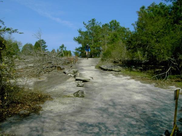 A hiker walking on a rocky path surrounded by sparse vegetation and trees under a clear blue sky. The trail leads through a natural landscape with scattered rocks and patches of ground cover. Georgia International Horse Park mountain bike trail.