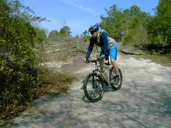 A cyclist riding a mountain bike on a dirt trail surrounded by trees and foliage. The cyclist is wearing a helmet, sunglasses, and a blue and gray athletic outfit. The scene features a clear sky and a rough terrain with scattered brush and fallen branches. Georgia International Horse Park mountain bike trail.