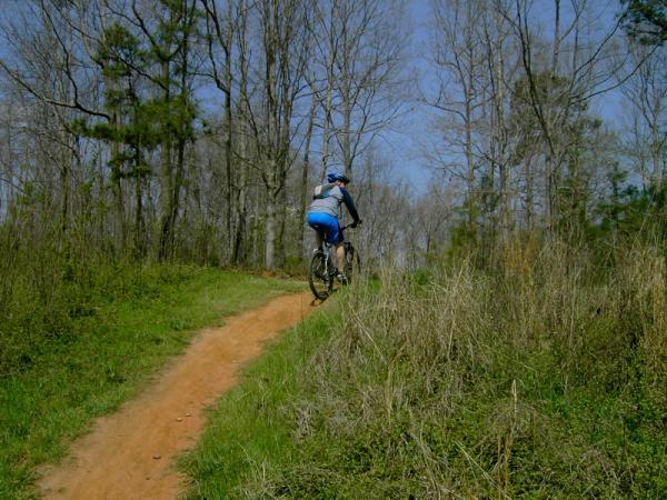 A person riding a mountain bike on a dirt trail surrounded by trees and grass. The path is slightly winding and leads up a hill, with bare branches visible against a clear blue sky. Georgia International Horse Park mountain bike trail.