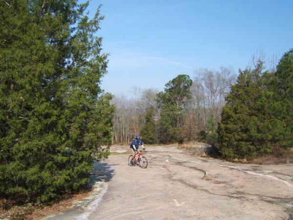 A person biking on a rocky path surrounded by green trees under a clear blue sky. Georgia International Horse Park mountain bike trail.