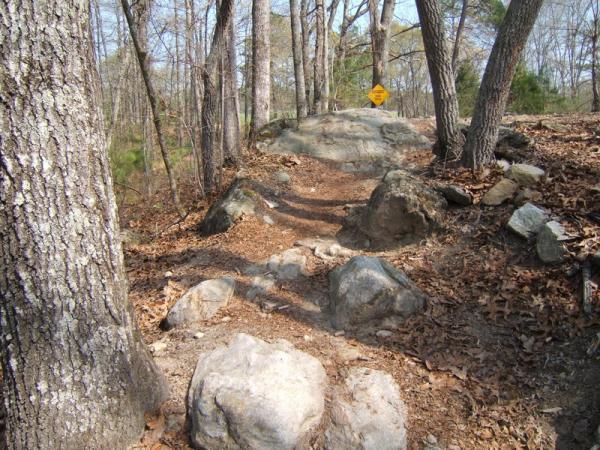 A forest trail featuring rocky terrain, surrounded by trees and scattered leaves. A warning sign is visible in the background, indicating caution for hikers. Georgia International Horse Park mountain bike trail.