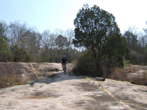 A person riding a mountain bike on a rocky trail surrounded by sparse trees and brush under a clear sky. The landscape features a smooth, rocky surface and a prominent tree off to the side. Georgia International Horse Park mountain bike trail.