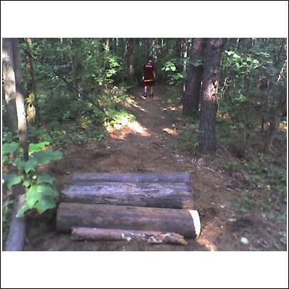 A narrow forest trail lined with trees and greenery, featuring several logs positioned across the path. A person in the distance, wearing a red shirt, walks along the trail. USNWC mountain bike trail.