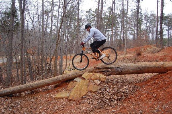 A person riding a mountain bike over a fallen log on a dirt trail surrounded by trees in a wooded area. The terrain features reddish soil and scattered rocks. Country Park mountain bike trail.