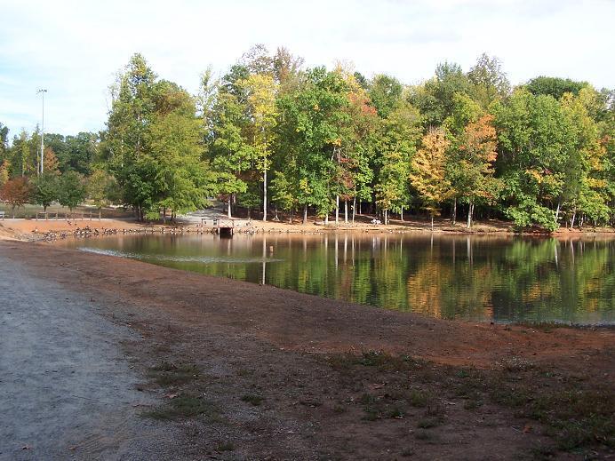 A peaceful lakeside scene featuring a sandy shore lined with trees in various autumn colors, reflecting on the calm water. The path leading to the lake is partially visible, and geese can be seen near the water's edge. Soft clouds fill the sky, creating a tranquil outdoor atmosphere. Finch Park mountain bike trail.