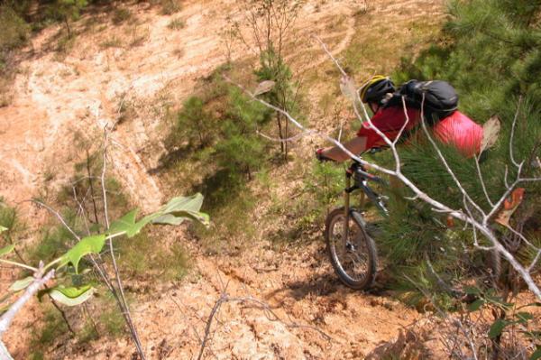 A mountain biker descends a steep, dirt trail surrounded by pine trees. The rider is wearing a helmet and a red shirt, with a backpack secured to their back. The terrain appears rugged and challenging, indicating an exciting outdoor adventure. Legend Park mountain bike trail.