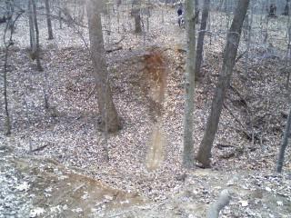 A dirt berm leading into a shallow, steep ravine in a wooded area, surrounded by bare trees and fallen leaves scattered on the ground. Owls Roost (Bur-Mil Park) mountain bike trail.