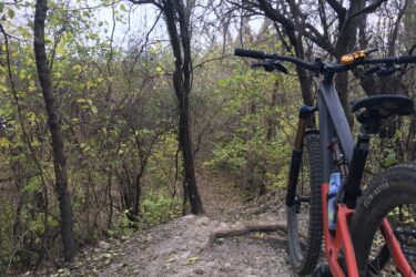 A mountain bike positioned on a rocky trail surrounded by trees and greenery, with a narrow pathway leading into the woods in the background. The scene captures the essence of outdoor adventure. Palos Forest Preserve mountain bike trail.