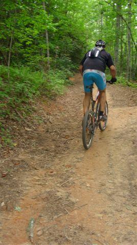A person riding a mountain bike along a dirt trail surrounded by lush green trees in a forested area. Tsali Left Loop mountain bike trail.