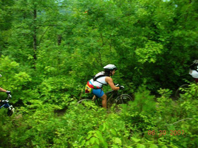 Mountain bikers navigating a lush, green trail surrounded by dense vegetation. One rider is prominently focused on the path, wearing a helmet and colorful riding gear, while another cyclist follows in the background. The scene captures the thrill of outdoor cycling in a natural setting. Tsali Mouse Branch Loop mountain bike trail.