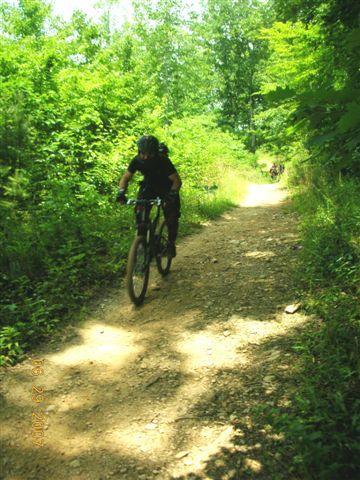 A mountain biker riding along a dirt trail surrounded by lush green foliage and trees on a sunny day. Tsali Right Loop mountain bike trail.