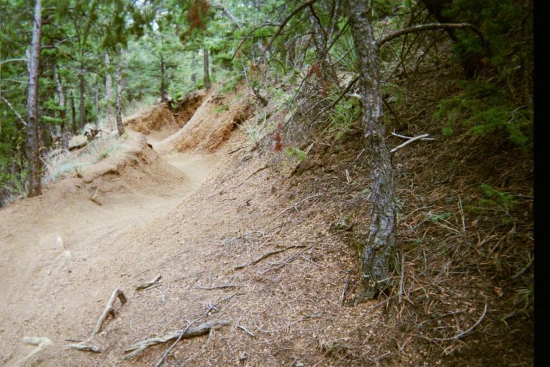 A winding dirt trail through a forested area, surrounded by trees and vegetation. The path is slightly uneven, with exposed roots and a loose surface, indicating it is suitable for hiking or biking. Captain Jack's mountain bike trail.