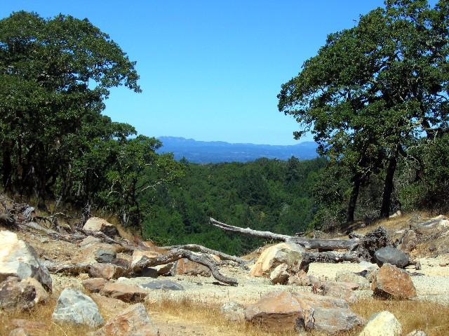 A scenic view of a rugged landscape featuring a dirt path surrounded by large rocks, framed by lush green trees on either side. In the background, rolling hills and distant mountains are visible under a clear blue sky. Annadel State Park mountain bike trail.