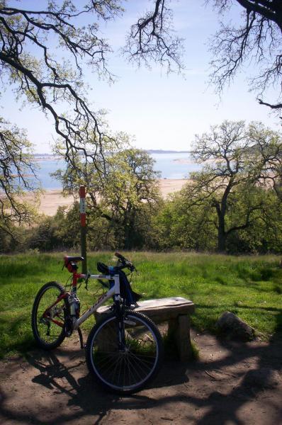 A scenic view from a hillside overlooking a beach and water, framed by trees. In the foreground, two bicycles rest next to a wooden bench, with a red marker visible. The sunlight creates a warm and inviting atmosphere, highlighting the greenery and the clear blue sky. Granite Bay Trail mountain bike trail.