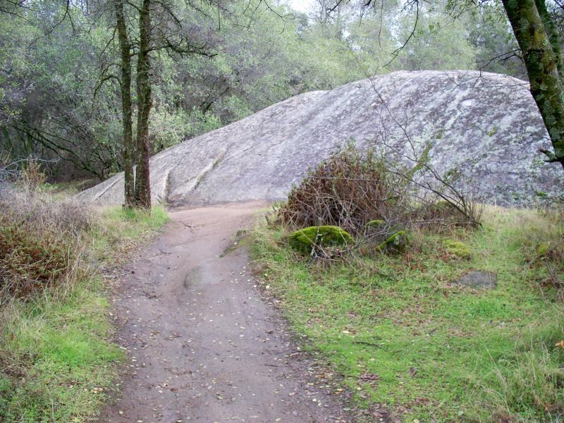Pathway leading through a lush green landscape, with a large, smooth rock formation on the left side and trees surrounding the area. The dirt path is slightly winding, inviting exploration through the serene natural setting. Granite Bay Trail mountain bike trail.
