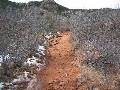 A winding dirt trail surrounded by sparse, leafless shrubs and patches of snow, leading into a hilly wooded area in the background. Palmer Trail / Section 16 mountain bike trail.