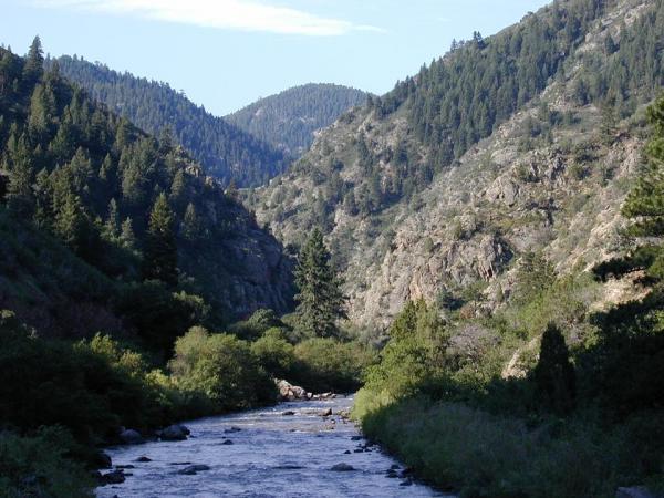A serene river winding through a lush valley, surrounded by steep, green mountains. Tall trees line the riverbanks, and the landscape is bathed in natural light under a clear blue sky. Waterton Canyon mountain bike trail.