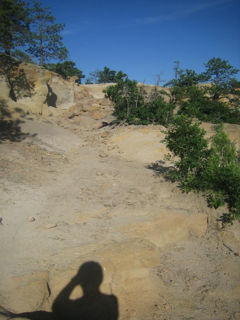 A rocky hiking path leading up a hillside, surrounded by sparse vegetation and trees under a clear blue sky. The shadow of a person is visible in the foreground. Palmer Park mountain bike trail.