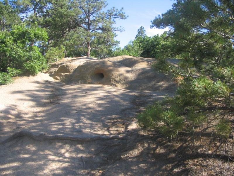 A rocky hillside with a small cave-like opening, surrounded by lush green vegetation and tall pine trees under a clear blue sky. Shadows cast by the trees create a contrasting pattern on the ground. Palmer Park mountain bike trail.