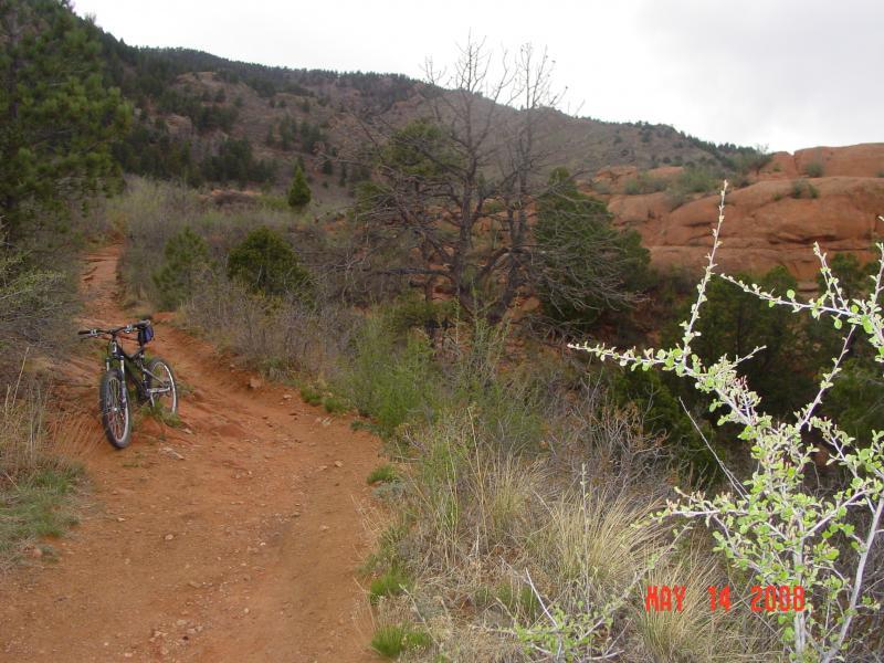 A mountain bike parked on a dirt trail surrounded by greenery and rocky terrain, with rolling hills in the background under a cloudy sky. Palmer Trail / Section 16 mountain bike trail.