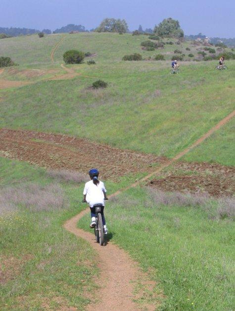 A person riding a bicycle on a dirt trail through a lush, green landscape, with rolling hills in the background and other cyclists visible in the distance. The scene is bright and sunny, showcasing a scenic outdoor recreational area. Arastradero Preserve mountain bike trail.